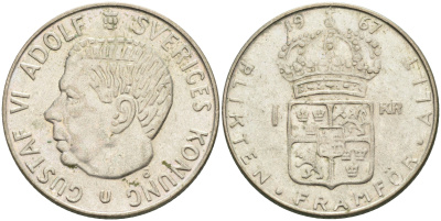 Швеция 1 крона 1967 U, Густав VI Адольф (1950-1973) KM 826 серебро 4126-833