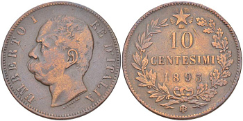 ИТАЛИЯ 10 ЧЕНТЕЗИМО 1893 BЛ, МОНДВОР БИРМИНГЕМ, УМБЕРТО I (1878-1900) KM 27.1 медь 4526-942