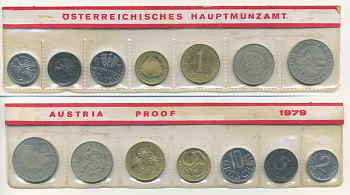 Австрия набор из 7 монет  1979  2, 5, 10, 50 грошей, 1, 5, 10 шиллингов, в целлофане KM PS 39 PROOF 4400-7-2