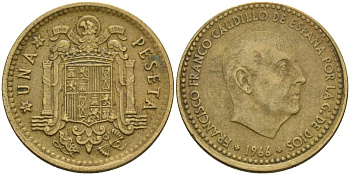 Испания 1 песета 1966 (68) Франсиско Франко (1939-1975) KM 796 алюминиевая бронза 4604-124