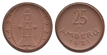 Амберг 25 пфеннигов 1921 Men05 474.2, Men18 649.2, Scheuch 99a фарфор 1094-10-64