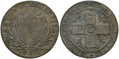 Швейцарские кантоны 1 батцен 1826 Аргау KM 21 биллон 272-1222