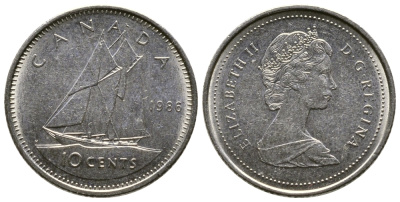 Канада 10 центов 1986 Елизавета II (1952-2022), парусник KM 77.2 никель 84-1566
