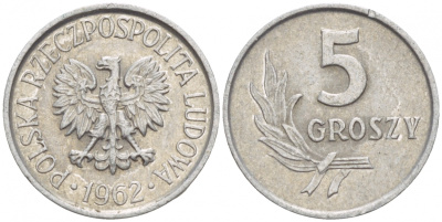 ПОЛЬША 5 ГРОШЕЙ 1962 KM А46 алюминий 4549-112