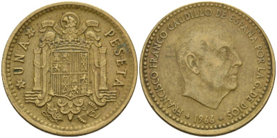 Испания 1 песета 1966 (68) Франсиско Франко (1939-1975) KM 796 алюминиевая бронза 4604-124