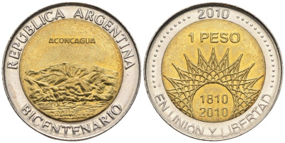 Аргентина 1 песо 2010 200 лет Аргентине - вулкан Аконкагуа KM 157, CJ 6.20, Schon 167 биметалл    60-636