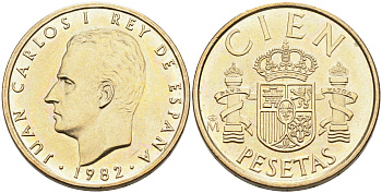 ИСПАНИЯ 100 ПЕСЕТ 1982 ХУАН КАРЛОС I (1975-) KM 826 алюминиевая бронза 4589-137