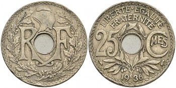 ФРАНЦИЯ 25 САНТИМОВ 1936 KM 867а медно-никель 4448-233