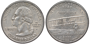 США 25 центов = квотер 2001 Р, серия штаты США, Северная Каролина KM 319 медь плакированная медно-никелем 4539-425