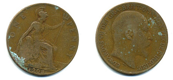 Великобритания 1 пенни 1908 Эдуард VII (1901-1910) KM 794.2, Spink 3990 бронза 47-716