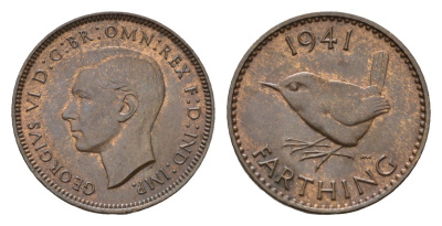 Великобритания 1 фартинг 1941 Георг VI (1936-1952) KM 843, Spink 4116 бронза UNC 4674-1021