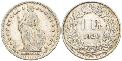 Швейцария 1 франк 1920 В KM 24 серебро 4544-356