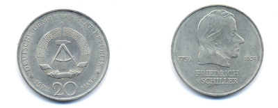 ГДР 20 марок 1972 А, Фридрих Шиллер (1759-1805) KM 40 медно-никель 3333-735