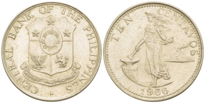 ФИЛИППИНЫ 10 СЕНТАВО 1966 KM 188 медь никель цинк 4544-526