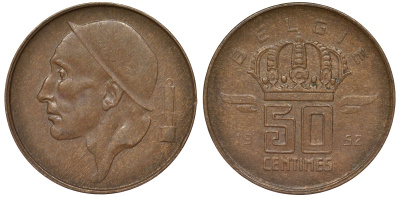 Бельгия 50 сантимов 1952 Belgie KM 145 бронза 4164-321