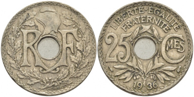 ФРАНЦИЯ 25 САНТИМОВ 1936 KM 867а медно-никель 4448-233