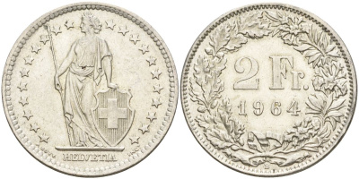 Швейцария 2 франка 1964 KM 21 серебро 4607-545