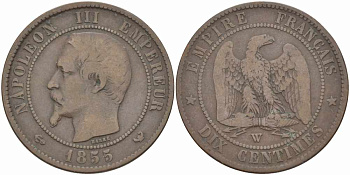 ФРАНЦИЯ 10 САНТИМОВ 1855 W, НАПОЛЕОН III (1852-1870) KM 771.7, LE FRANC 133.31 бронза 38-1126