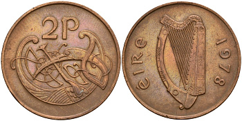 Ирландия 2 пенсов 1978 Виньетка в виде стилизованной птицы из второй библии Карла II Лысого KM 21 бронза 4140-242