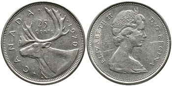 Канада 25 центов 1970 Елизавета II (1952-2022), олень KM 62 b никель 4543-727