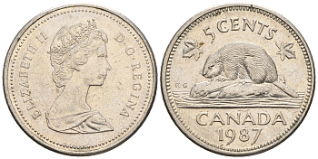 Канада 5 центов 1987 Елизавета II (1952-2022), бобер KM 60.2 a медно-никель 4609-434