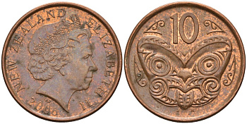 Новая Зеландия 10 центов 2006 Елизавета II (1952-2022), маска маори KM 117а сталь плакированная медью 113-527