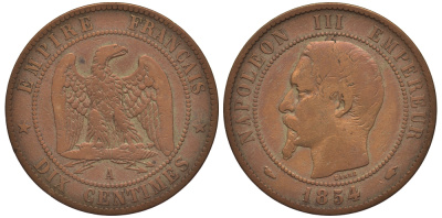 ФРАНЦИЯ 10 САНТИМОВ 1854 А, НАПОЛЕОН III (1852-1870) KM 771.1 бронза 1529-323