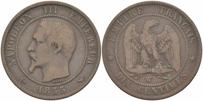 Франция 10 сантимов 1855 W, Наполеон III (1852-1870) KM 771.7, Le Franc 133.31 бронза    4680-526