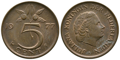 Нидерланды 5 центов 1977 Юлиана (1948-1980) KM 181 бронза 261-916