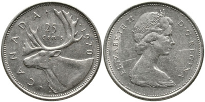 Канада 25 центов 1970 Елизавета II (1952-2022), олень KM 62 b никель 4543-727
