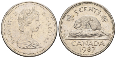 Канада 5 центов 1987 Елизавета II (1952-2022), бобер KM 60.2 a медно-никель 4609-434