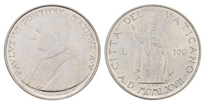 Ватикан 100 лир 1967 MCMLXVII, Павел VI (1963-1978) KM 98 нержавеющая сталь UNC 4671-1017