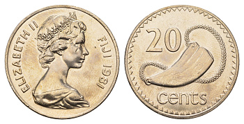 Фиджи 20 центов 1981 Елизавета II (1952-2022), китовый зуб KM 31 медно-никель UNC 4545-445