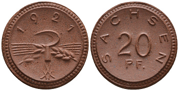 Саксония 20 пфеннигов 1921 колосья и серп J. N 53 фарфор UNC 1094-8-75