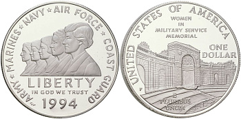 США 1 доллар 1994 P, Мемориал женщинам на военной службе KM 252 серебро PROOF 11-233-11