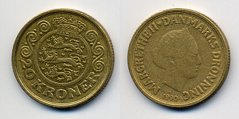 ДАНИЯ 20 КРОН 1990 МАРГАРЕТ II KM 871 алюминиевая бронза 4383-347