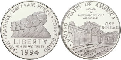 США 1 доллар 1994 P, Мемориал женщинам на военной службе KM 252 серебро PROOF 11-093-15