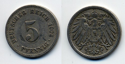 ГЕРМАНИЯ 5 ПФЕННИГОВ 1906 D, KM 11, J. 12 медно-никель 76-211