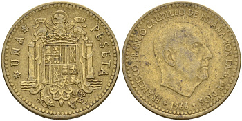 Испания 1 песета 1966 (67) Франсиско Франко (1939-1975) KM 796 алюминиевая бронза 4604-343