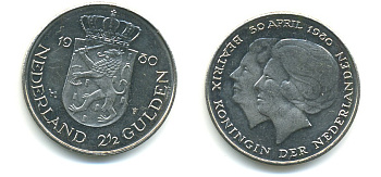 Нидерланды 2 1/2 гульдена 1980 коронация Беатрикс, 30 апреля 1980 KM 201 никель 84-1226