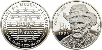 Франция 10 франков = 1 1/2 евро 1996 серия сокровища музеев Европы, Винсент Ван Гог KM 1147 серебро  PROOF 05-095-31