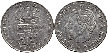 Швеция 1 крона 1973 Густав VI Адольф (1950-1973) KM 826а медь плакированная медно-никелем 4395-244