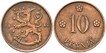 Финляндия 10 пенни 1940 KM 24 медь 4589-537