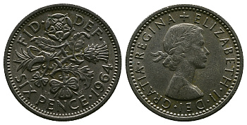 Великобритания 6 пенсов 1964 Елизавета II (1952-2022) KM 903, Spink 4149 медно-никель 4381-819