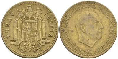 Испания 1 песета 1966 (67) Франсиско Франко (1939-1975) KM 796 алюминиевая бронза 4604-343