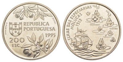 Португалия 200 эскудо 1995 Путешествие на Молуккские острова в 1512 году KM 682 медно-никель UNC 1101-3-42