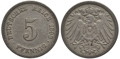 ГЕРМАНИЯ 5 ПФЕННИГОВ 1898 E KM 11, Jager 12, Weege 6 медно-никель 4547-358