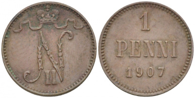 РОССИЯ ДЛЯ ФИНЛЯНДИИ 1 ПЕННИ 1907 НИКОЛАЙ II KM 13, Биткин 468 медь 4396-1328