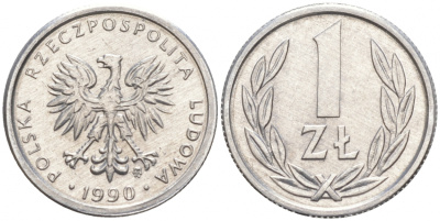 ПОЛЬША 1 ЗЛОТЫЙ 1990 MW KM 49.3 алюминий UNC 4516-621