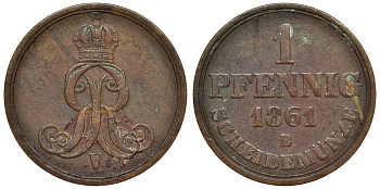 Ганновер 1 пфенниг 1861 B, Георг V KM 233, AKS 156, J. 90 медь 4594-267
